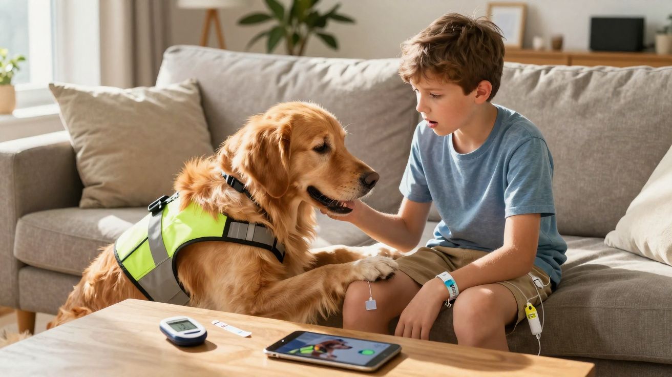 Cão de assistência interagindo com menino sentado no sofá, com dispositivos médicos para diabetes visíveis.