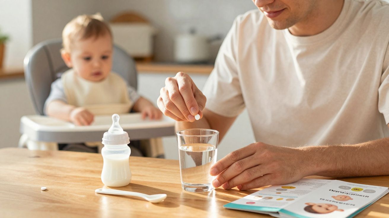 Homem a colocar um comprimido num copo de água com bebé ao fundo numa cadeirinha de alimentação.