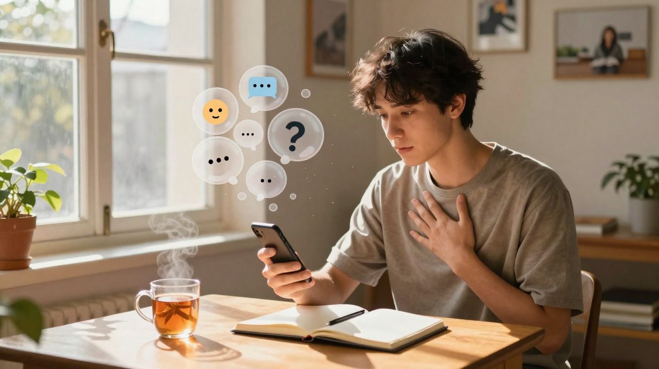 Jovem a ler mensagens no telemóvel sentado numa mesa com chá e caderno num ambiente iluminado.