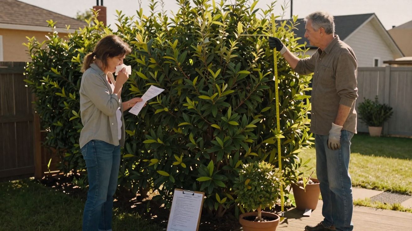 Casal em jardim mede planta enquanto mulher lê documento e assoa o nariz.