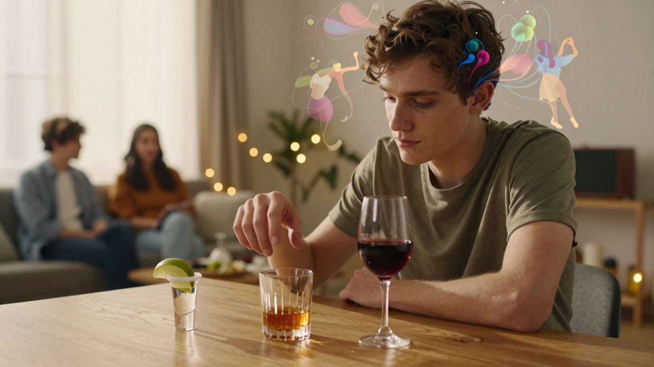 Homem pensativo sentado à mesa com bebidas e figuras coloridas imaginárias a sair da sua cabeça.