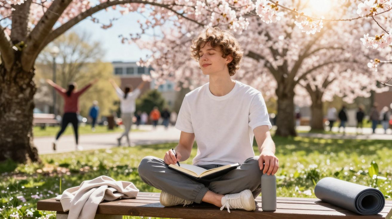 Jovem sentado em banco de parque sob árvores floridas, meditando com olhos fechados, livro aberto no colo.