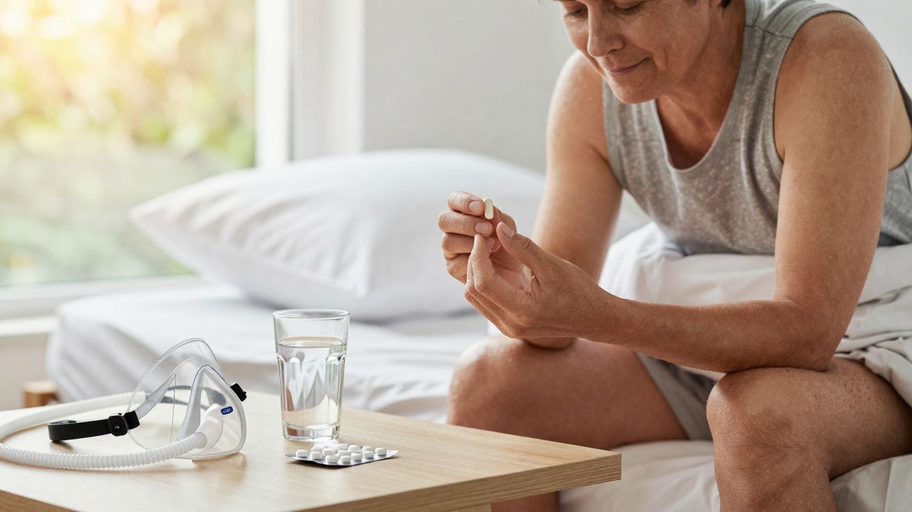 Pessoa sentada na cama, segurando um comprimido, com máscara de oxigénio e água numa mesa à frente.