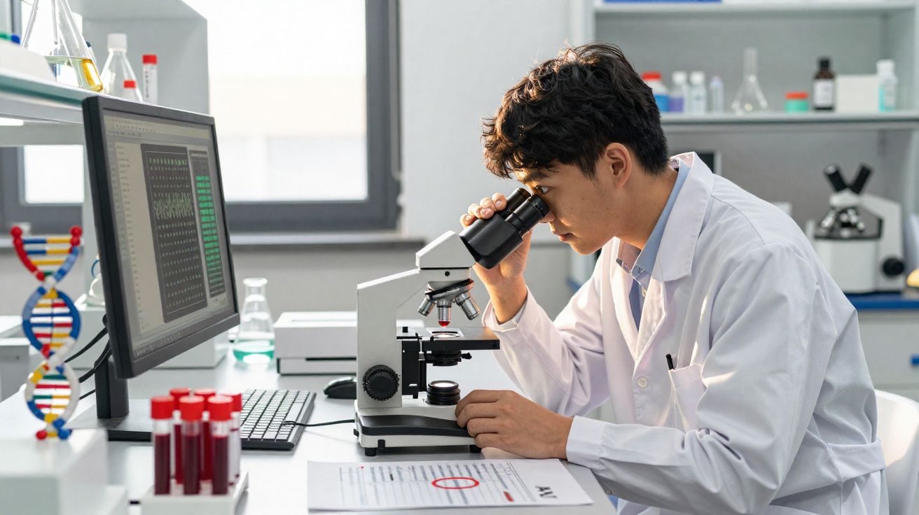 Homem de bata branca a observar amostra no microscópio num laboratório com computador e tubos de ensaio.