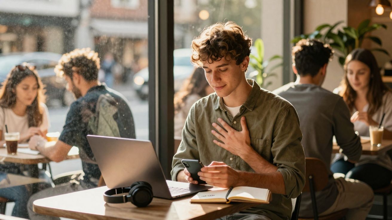 Jovem a usar telemóvel sentado numa cafetaria com computador, auscultadores e caderno à sua frente.