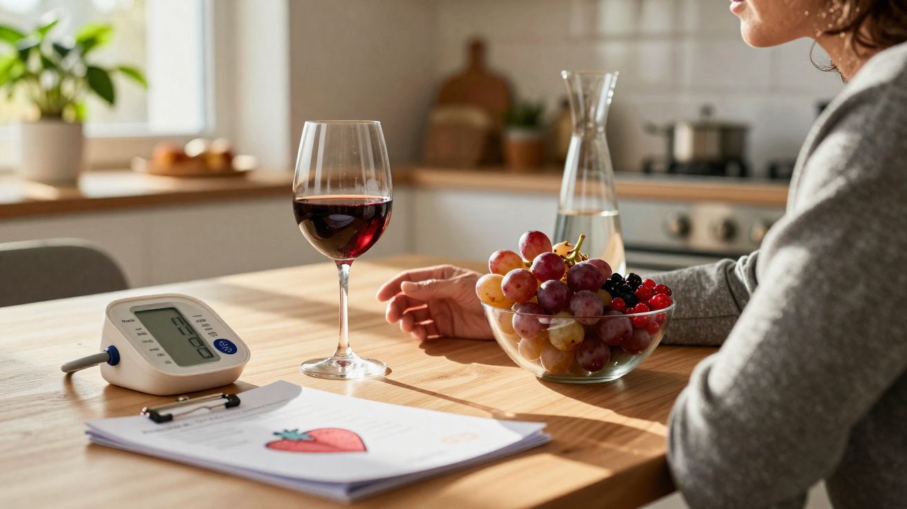 Pessoa sentada a uma mesa com taça de vinho, tigela de frutas e medidor de pressão arterial.
