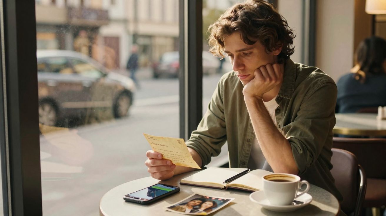 Jovem sentado numa cafetaria a ler uma carta, com telemóvel, fotografias e café numa mesa redonda.