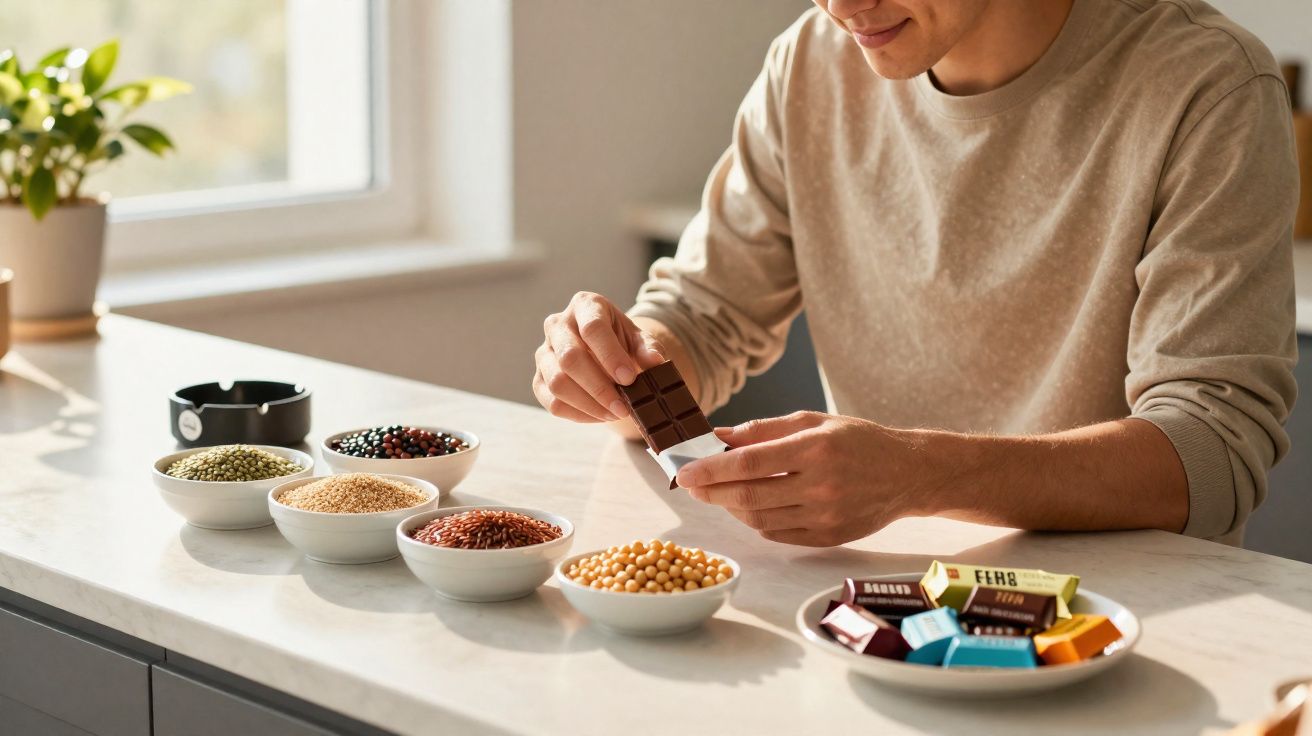 Pessoa desembrulhando barra de chocolate junto a tigelas com diversos grãos numa bancada iluminada.