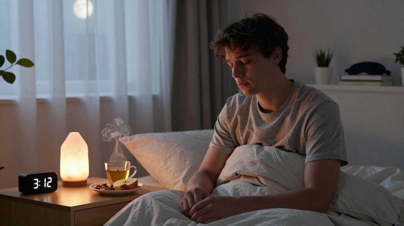 Homem sentado na cama de madrugada com chá quente e lanterna numa mesa de cabeceira.