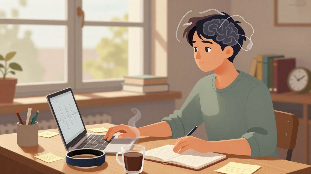 Jovem a estudar com computador, caderno aberto e imagem de cérebro iluminado, num ambiente calmo e organizado.