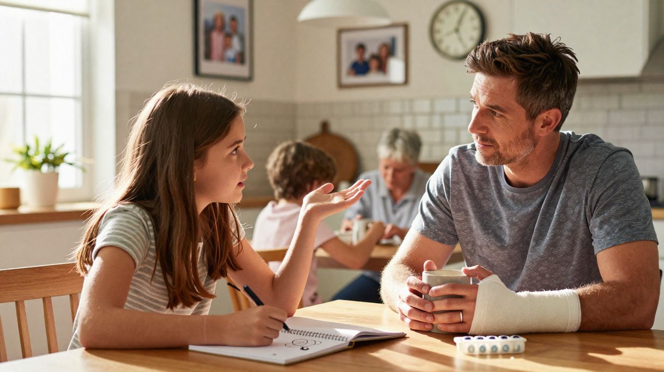 Rapaz com braço engessado fala com filha enquanto mulher e outra criança estão ao fundo na cozinha.