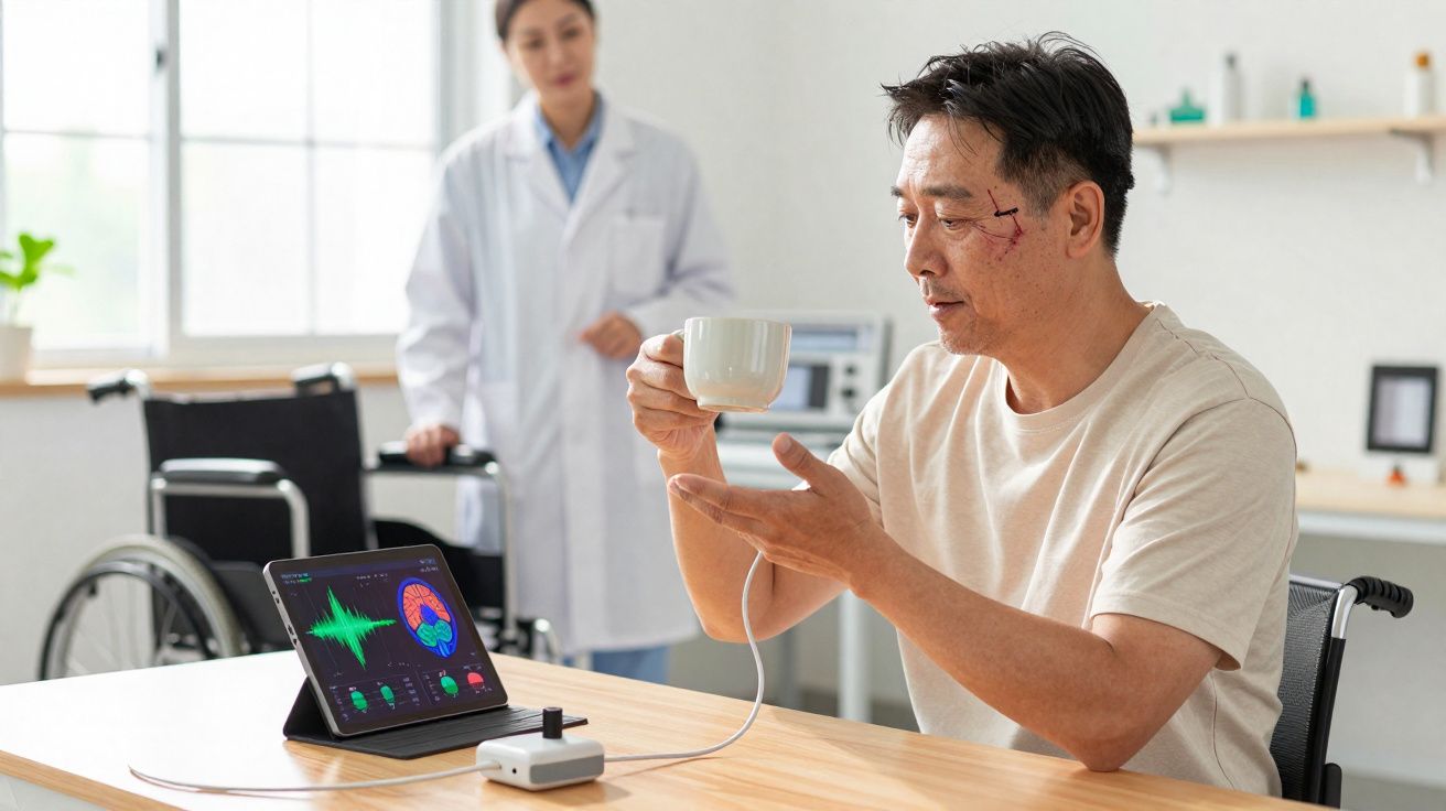 Homem com ferida no rosto usando dispositivo médico enquanto bebe, com médica e cadeira de rodas ao fundo.