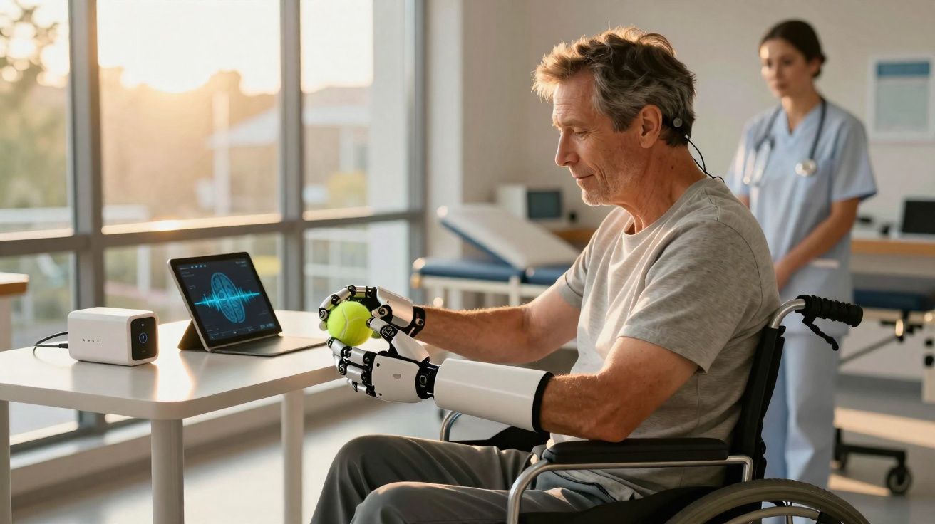 Homem em cadeira de rodas com próteses robóticas nos braços a manipular bola, com profissional de saúde ao fundo.