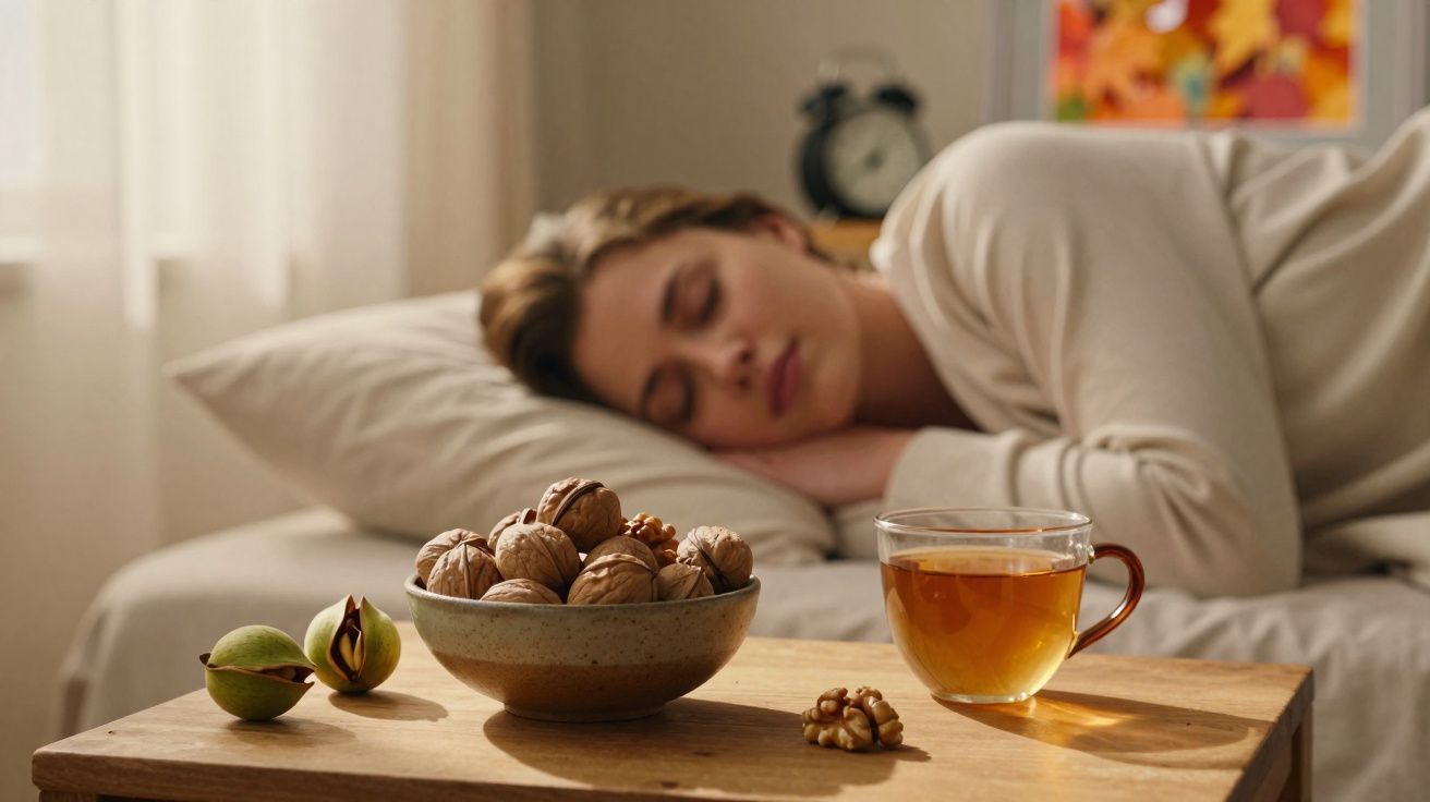 Mulher a dormir na cama com chá e nozes numa mesa de madeira em primeiro plano.