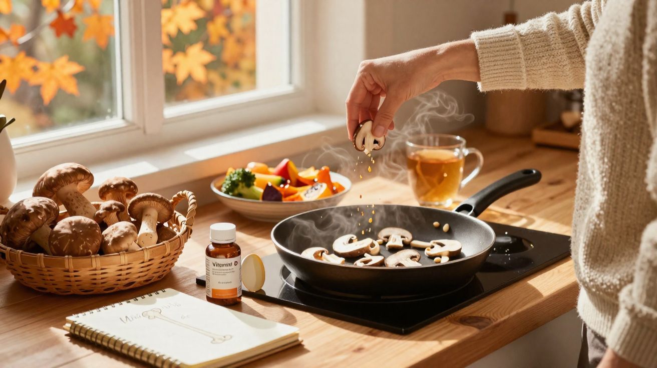 Pessoa a cozinhar com cogumelos numa frigideira, perto de várias taças e suplemento de vitamina D na cozinha.