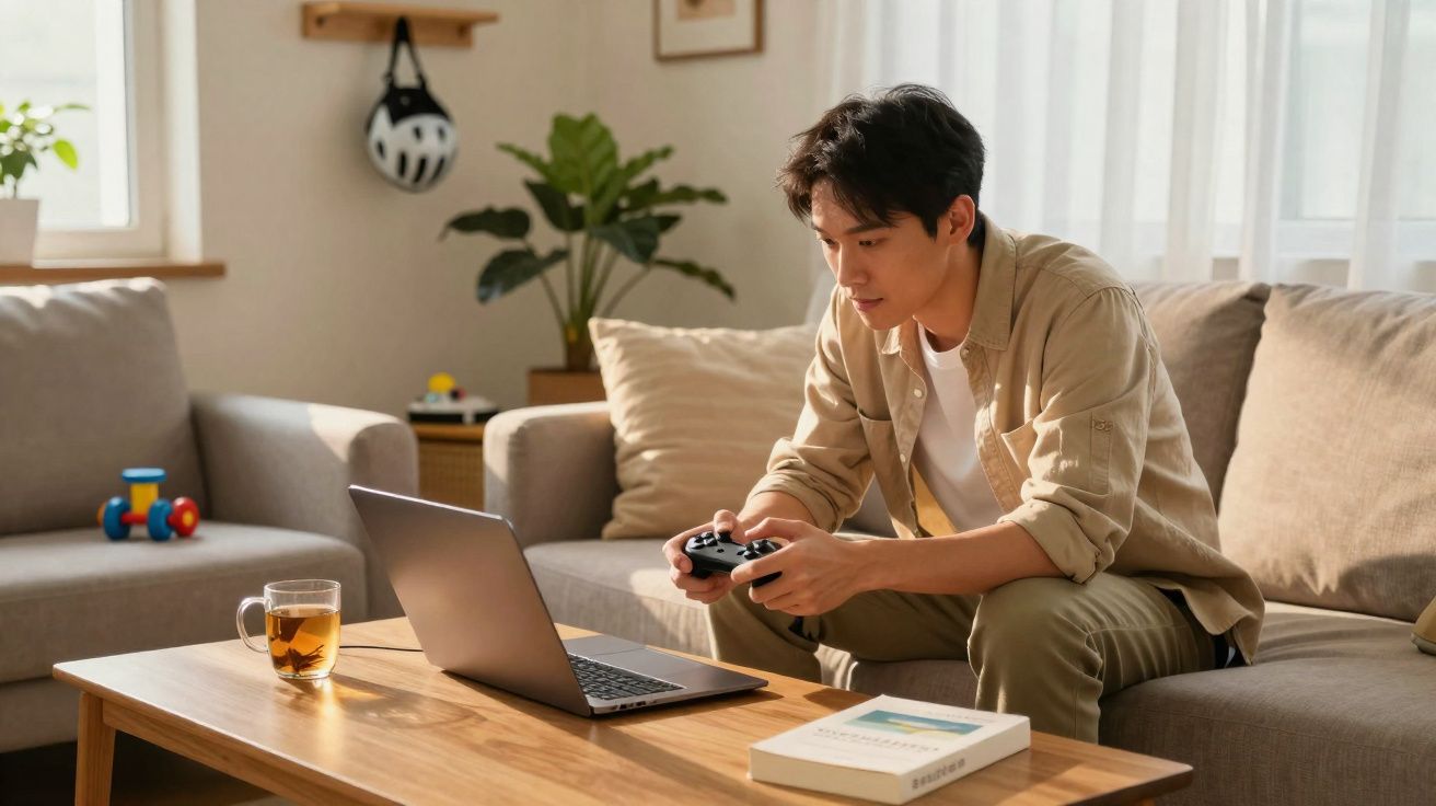 Homem sentado no sofá a jogar videojogos com comando, com portátil e chá numa mesa de madeira.