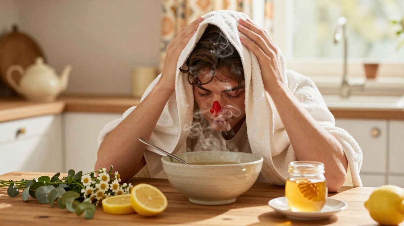 Homem com toalha sobre a cabeça inala vapor de uma tigela com sopa, com limão, mel e flores numa cozinha.