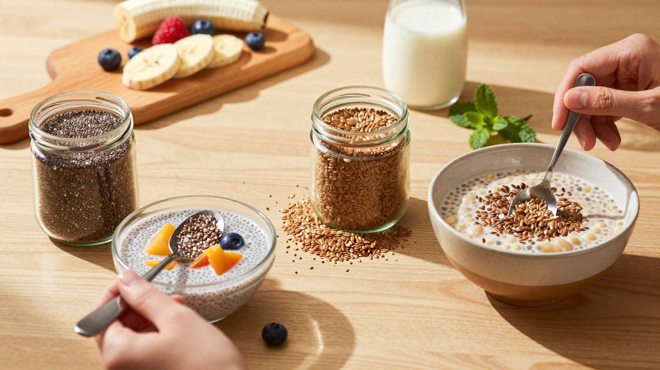 Duas mãos comendo taças de pudim de chia com frutos secos, sementes e pedaços de banana numa mesa de madeira.