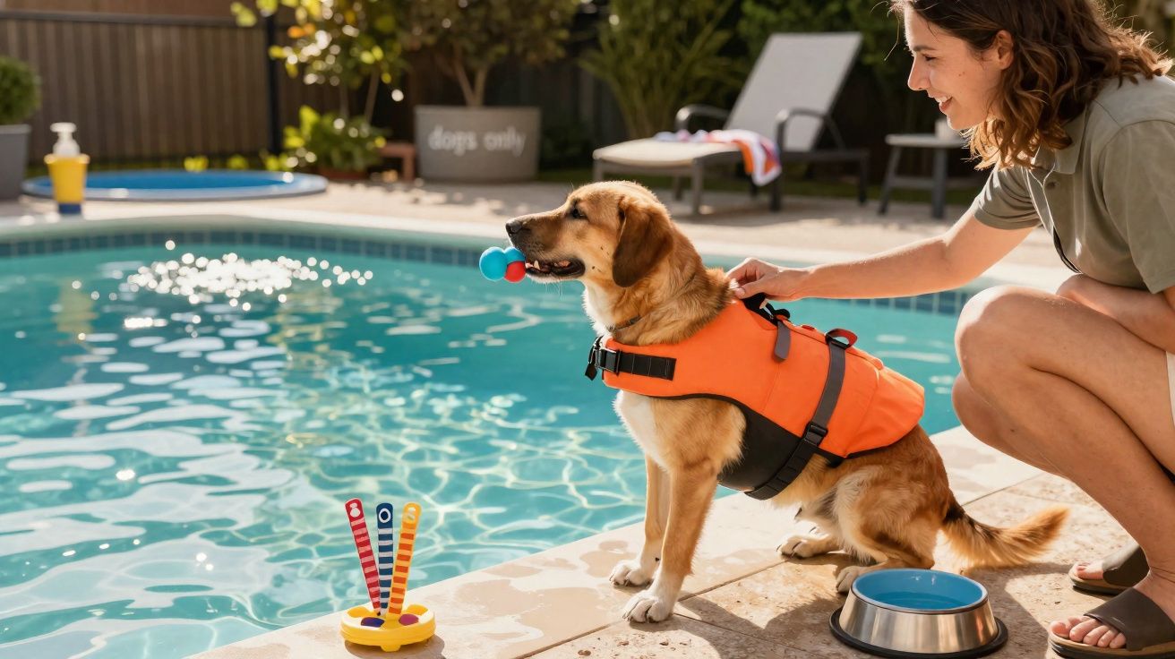 Mulher com cão de colete salva-vidas laranja junto a piscina, cão segura brinquedo na boca.