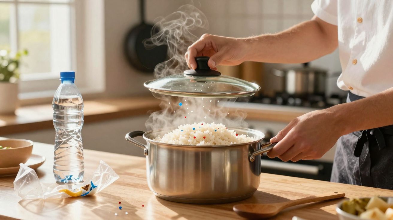 Pessoa a levantar tampa de panela com arroz a vapor na cozinha, com garrafa de água e outros utensílios na bancada.