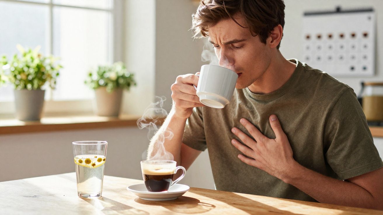 Homem com expressão desconfortável a tomar uma bebida quente numa cozinha iluminada e com plantas.