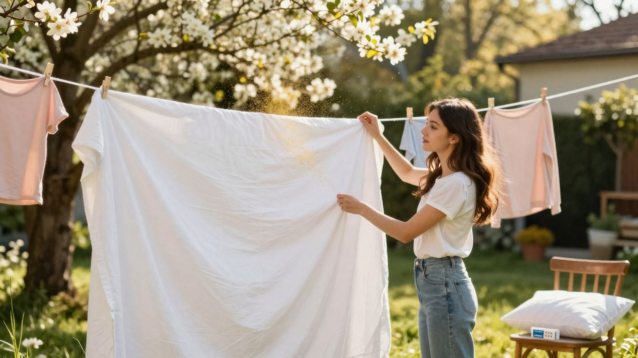 Mulher a estender um lençol branco num estendal ao ar livre em dia ensolarado de primavera.
