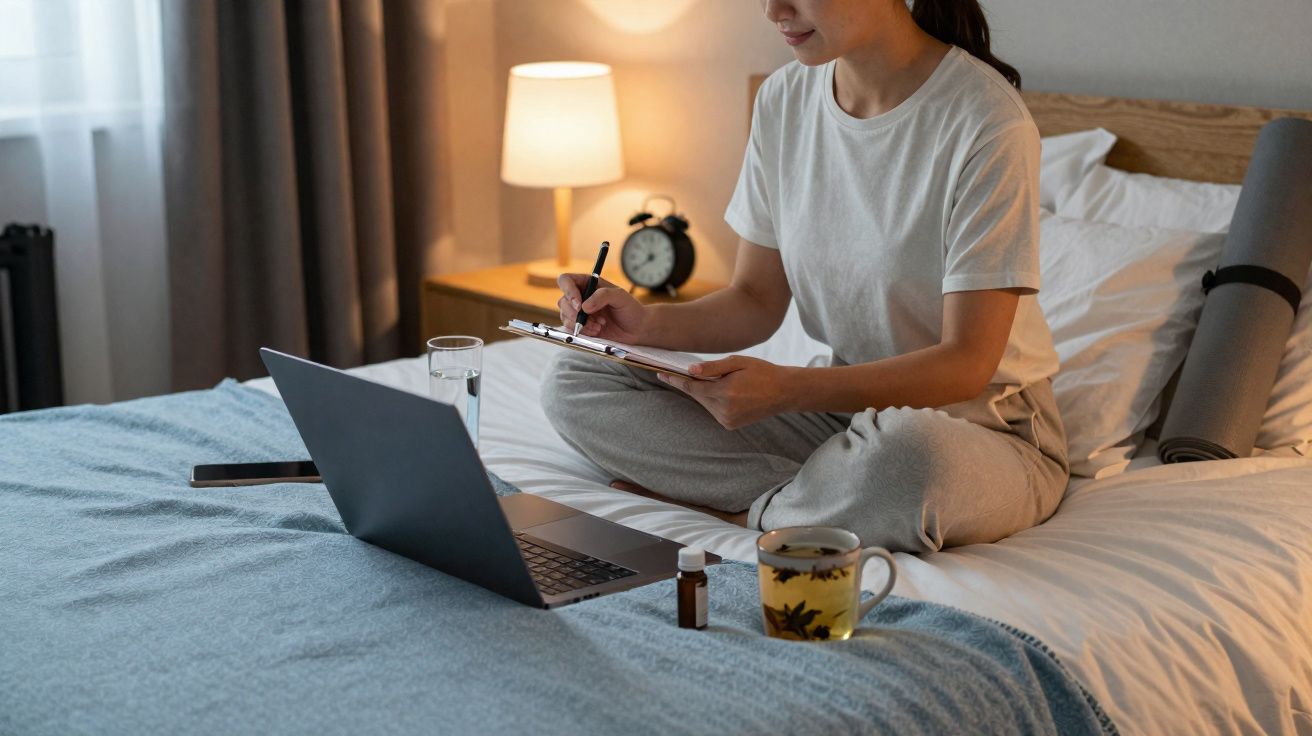Pessoa sentada na cama a escrever num caderno com portátil, chá e medicamentos à frente.