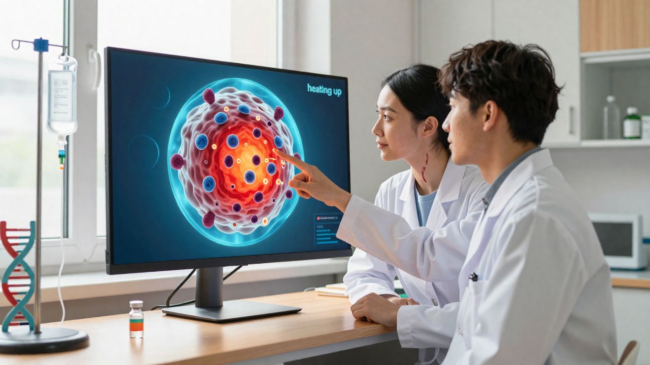 Dois cientistas em bata branca analisam imagem detalhada de célula num ecrã de computador num laboratório.