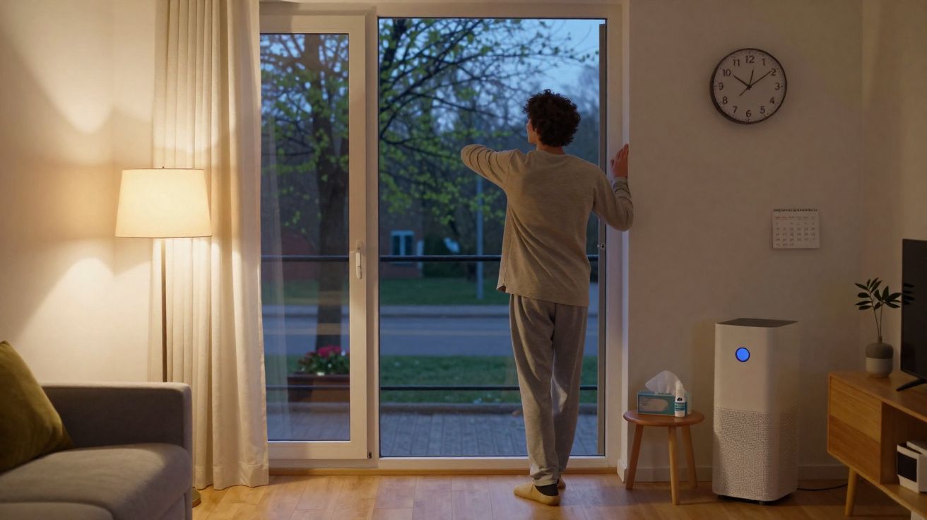 Pessoa com pijama abre grande porta de vidro para varanda ao entardecer numa sala iluminada.