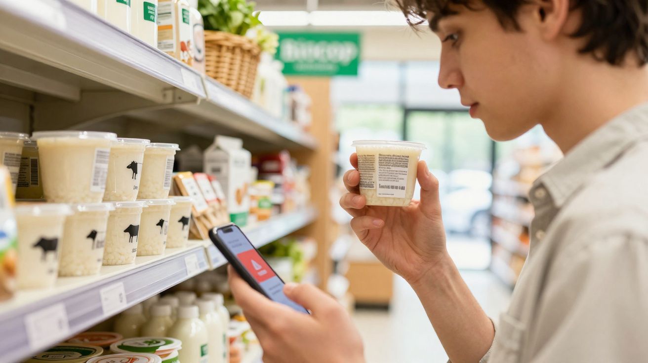 Jovem a segurar um iogurte e a consultar o telemóvel em frente a uma prateleira cheia de produtos num supermercado.