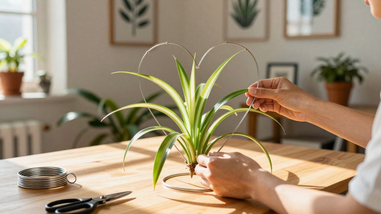 Mãos a criar suporte em forma de coração para planta verde sobre mesa de madeira numa sala iluminada.