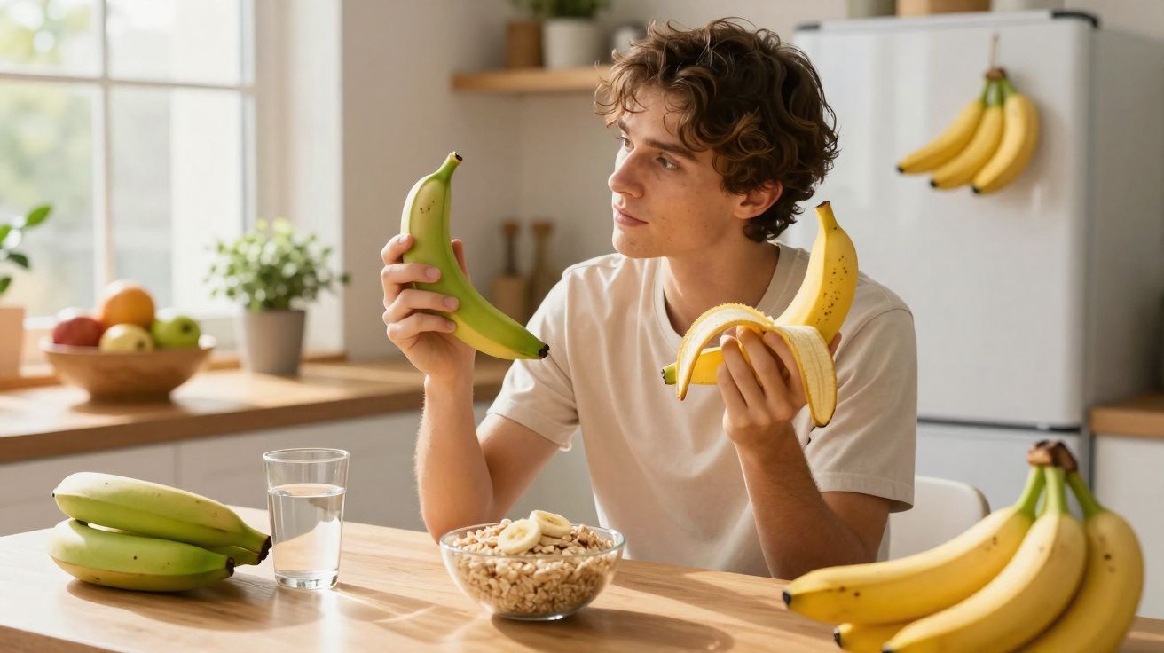 Homem sentado à mesa a segurar duas bananas, uma descascada e outra verde, com várias bananas na cozinha.
