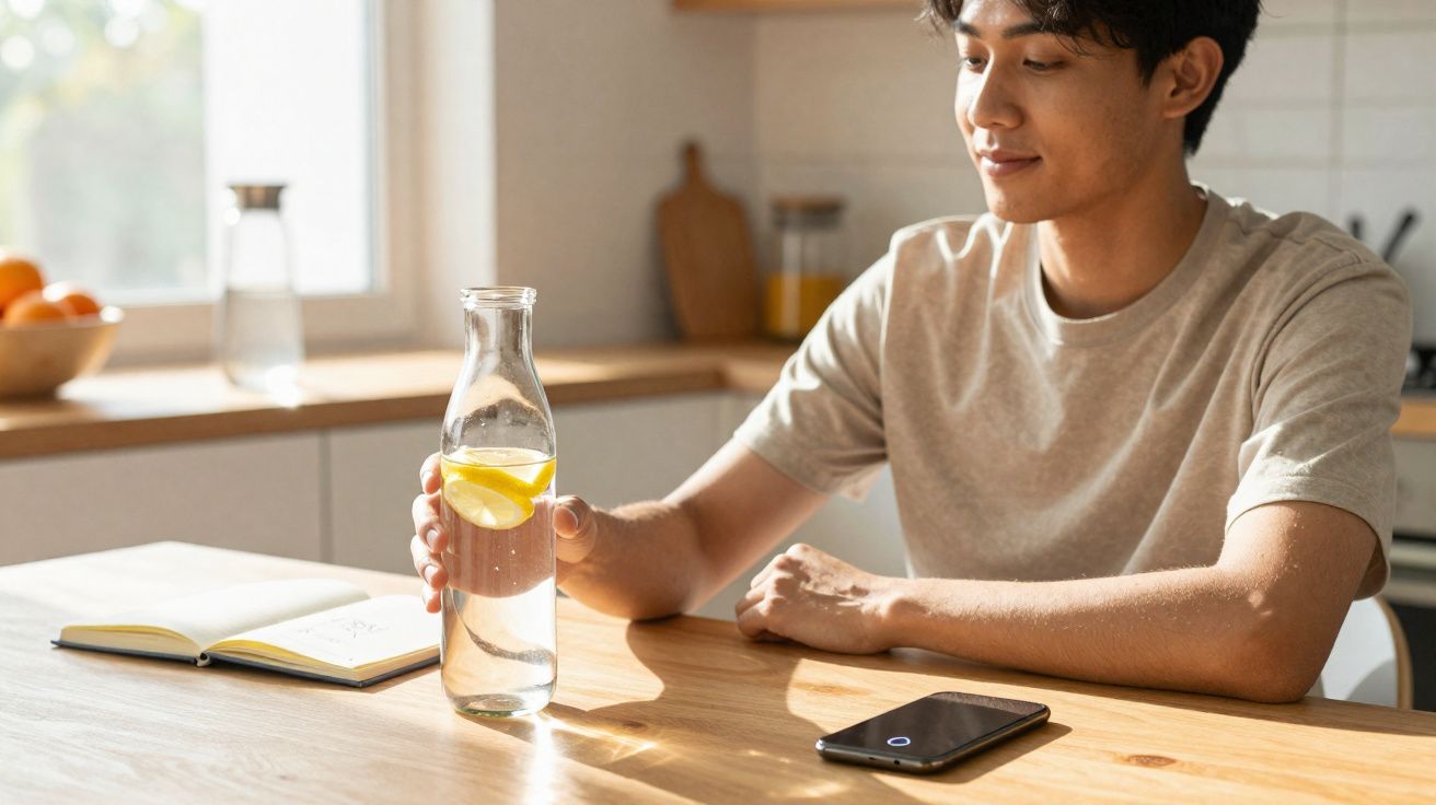 Jovem sentado à mesa segura jarra de água com fatias de limão, com telemóvel e caderno à frente numa cozinha iluminada.