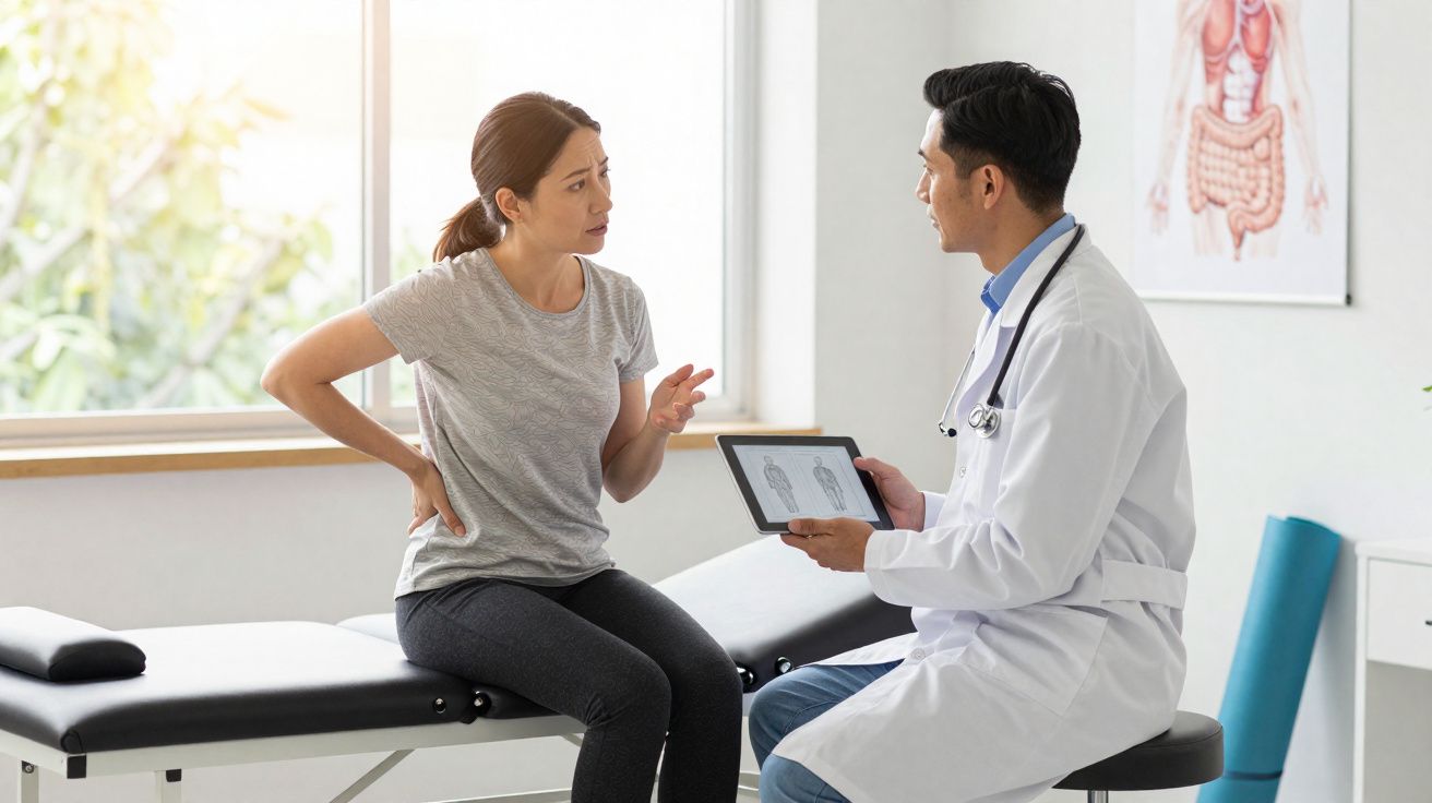 Paciente com dor nas costas conversa com médico que mostra radiografia num tablet numa clínica moderna.