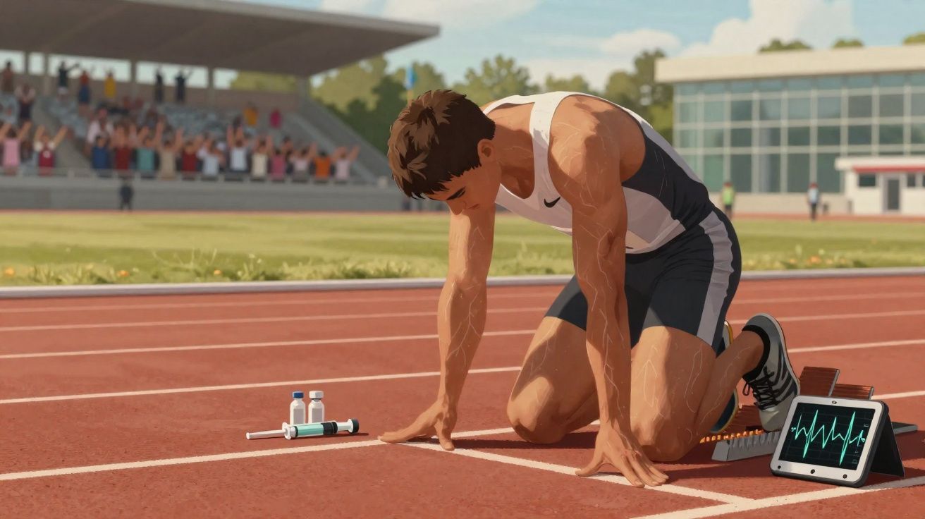 Atleta ajoelhado na linha de partida numa pista de atletismo, com seringas e monitor cardíaco ao lado.