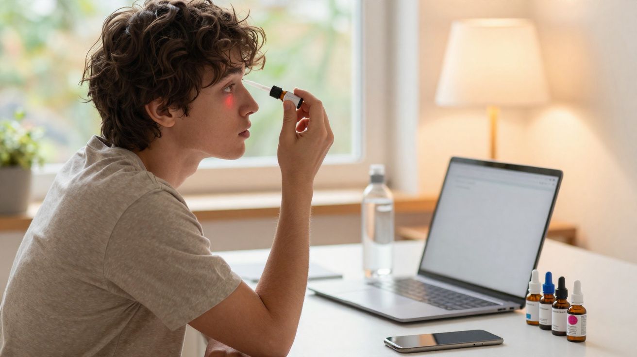 Jovem sentado a usar dispositivo de luz vermelha para tratamento no rosto, com computador e frascos sobre a mesa.