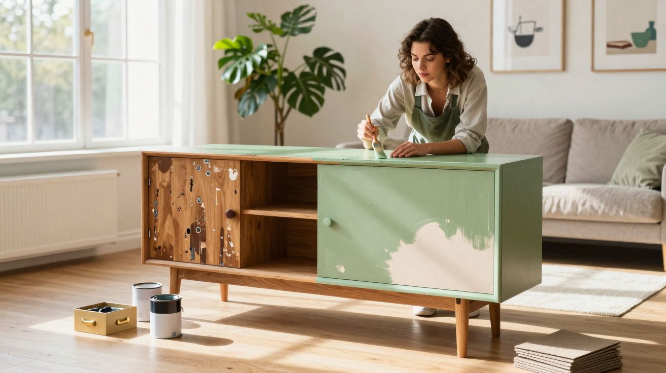 Mulher a pintar um móvel de madeira com tinta verde numa sala bem iluminada e decorada.