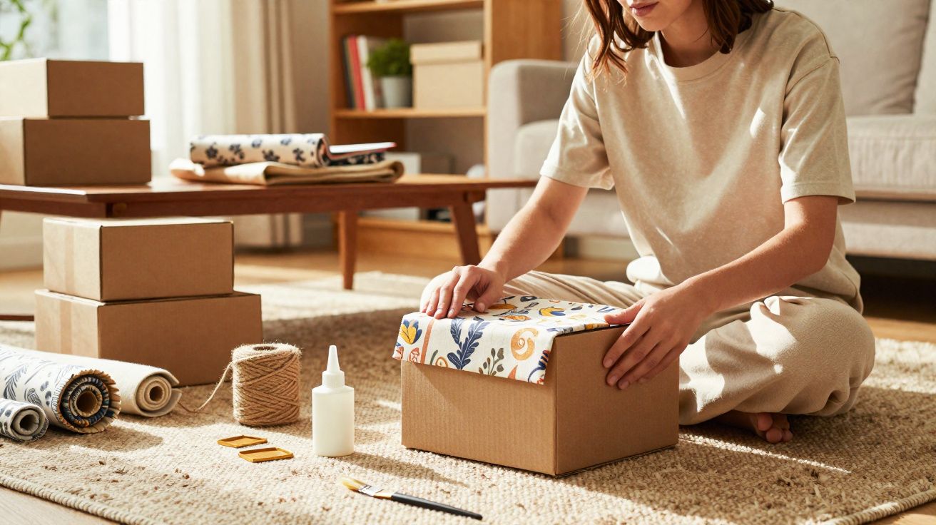 Mulher sentada no chão a embrulhar caixa de cartão com papel decorativo num ambiente acolhedor.