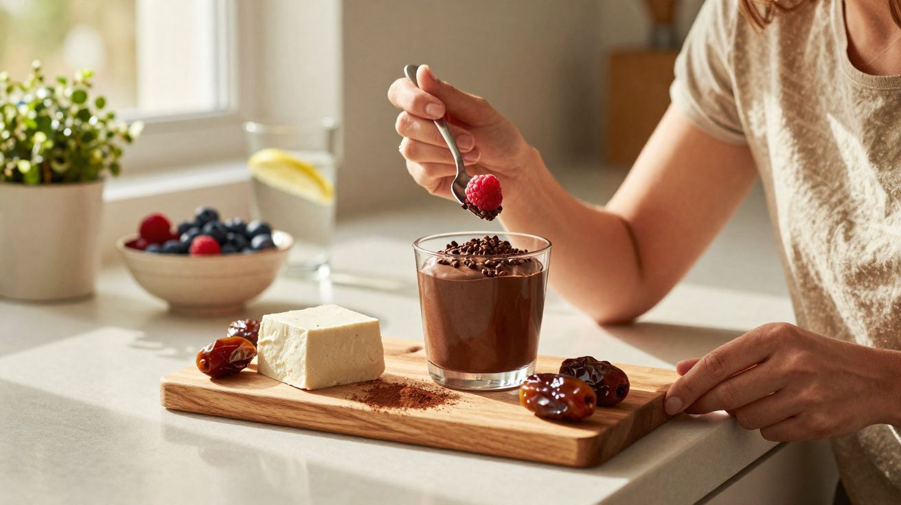 Pessoa a comer mousse de chocolate com framboesa, tâmaras e queijo num ambiente luminoso de cozinha.