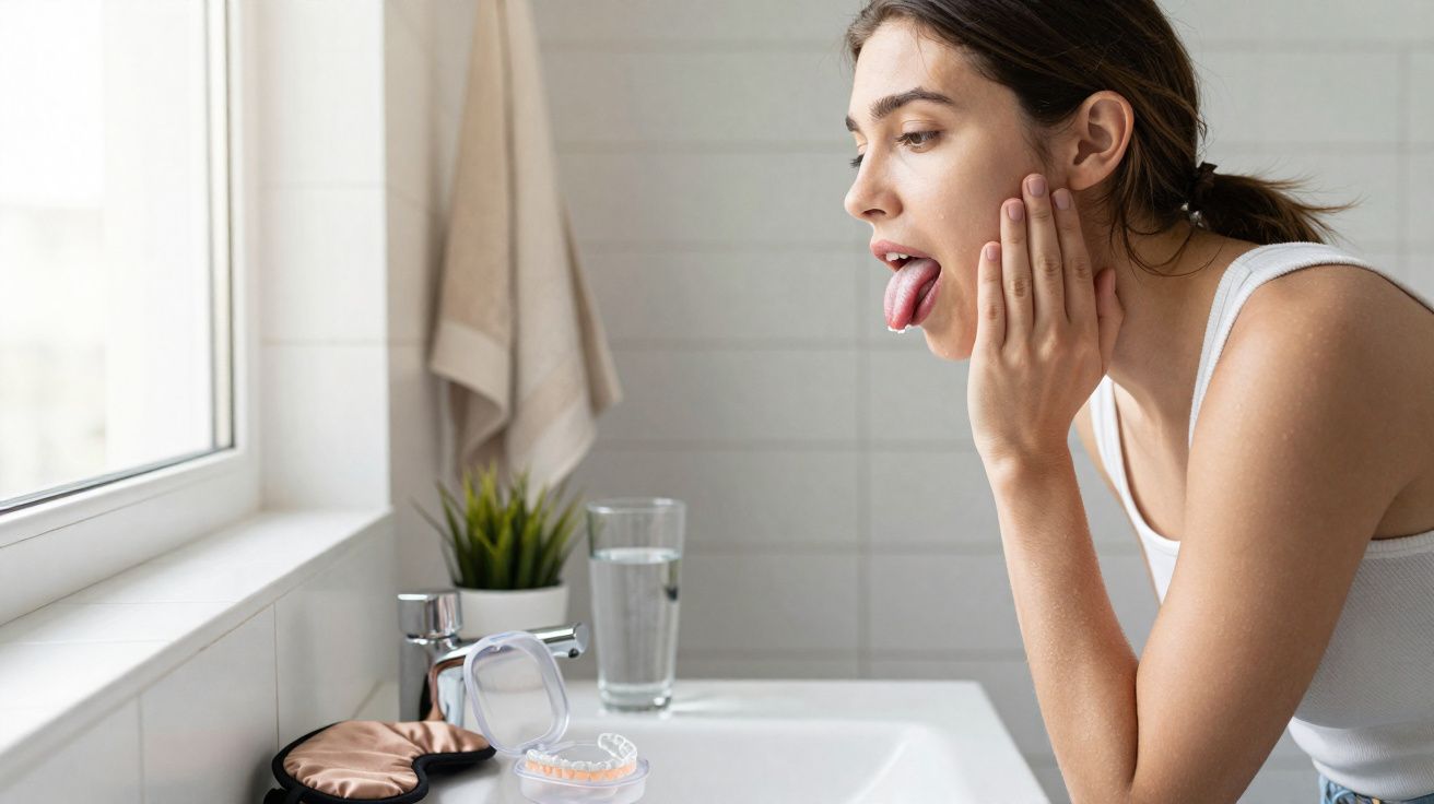 Mulher a verificar a língua junto ao lavatório numa casa de banho com regador dentário aberto.