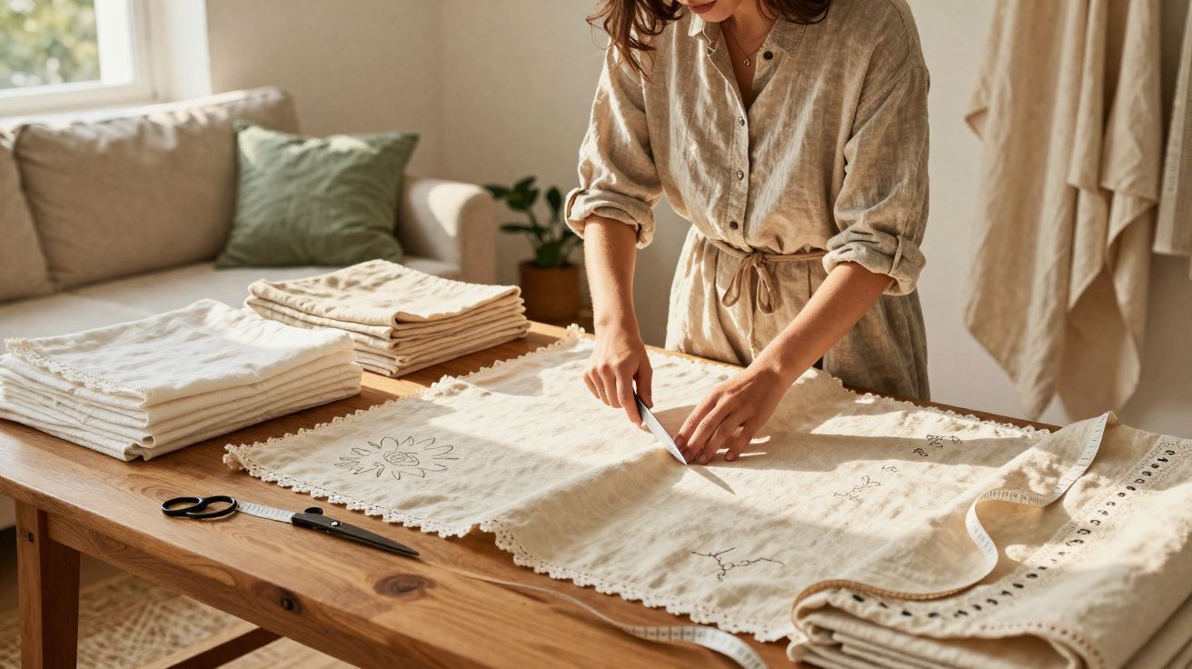 Mulher a cortar tecido com tesoura numa mesa de madeira rodeada por panos dobrados e fita métrica.