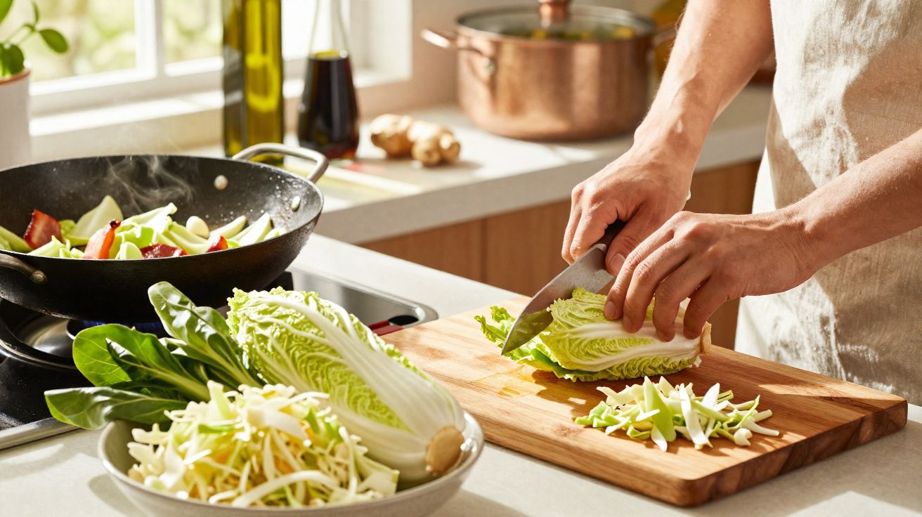 Pessoa a cortar repolho em tábua de madeira na cozinha, com legumes frescos ao redor e wok ao fundo.