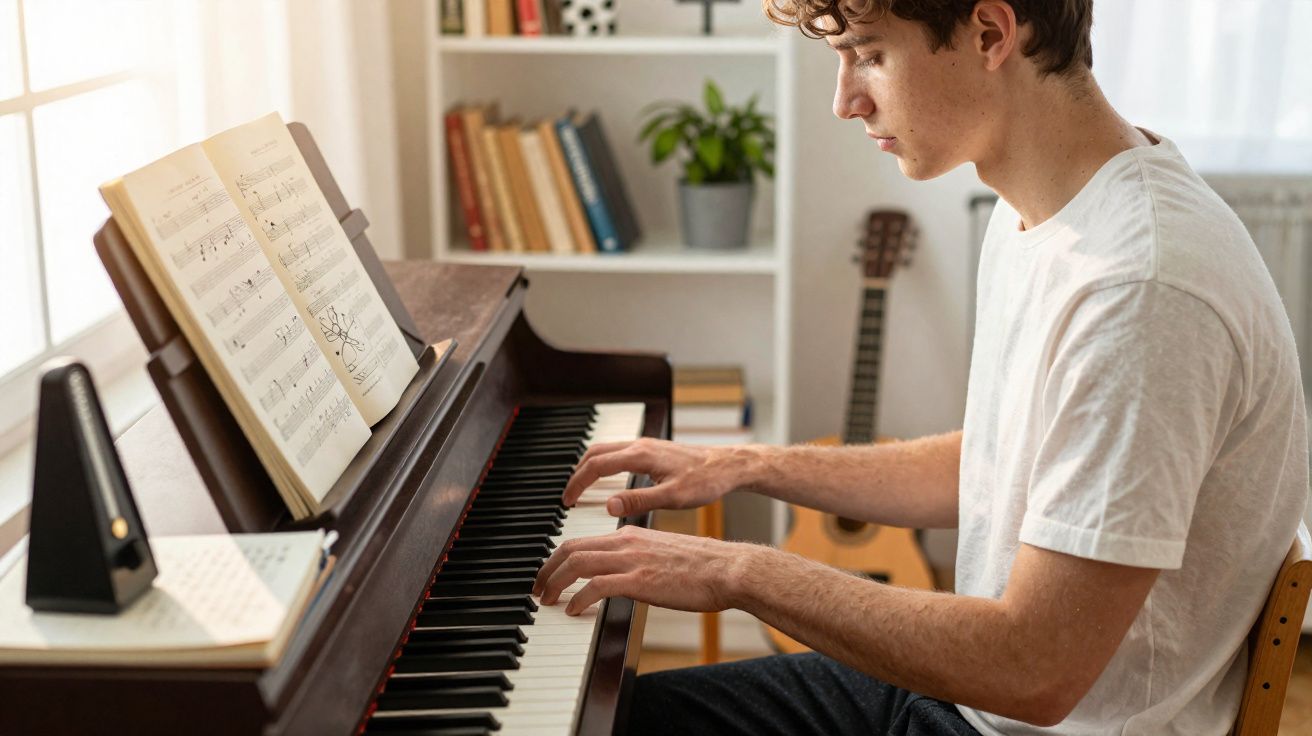 Jovem a tocar piano num quarto iluminado, com partituras, metrónomo e guitarra ao fundo.