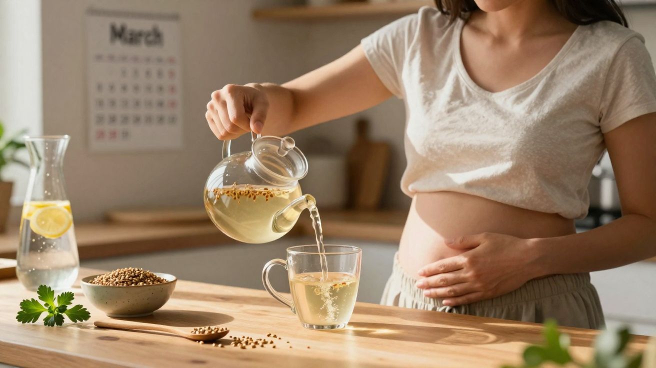 Mulher grávida a servir chá numa chávena numa cozinha com luz natural e um jarro de água com limão.