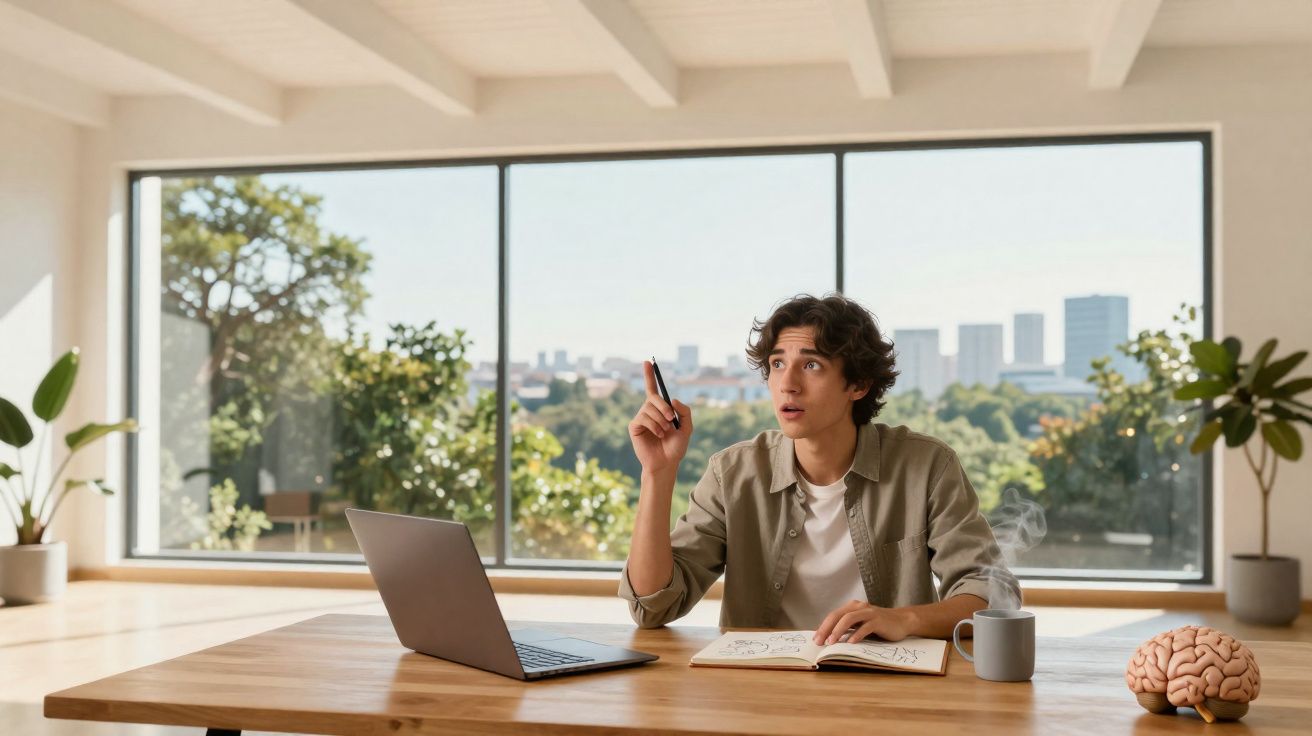 Jovem a apontar o dedo, sentado à mesa com portátil, caderno, chá e modelo de cérebro numa sala iluminada.