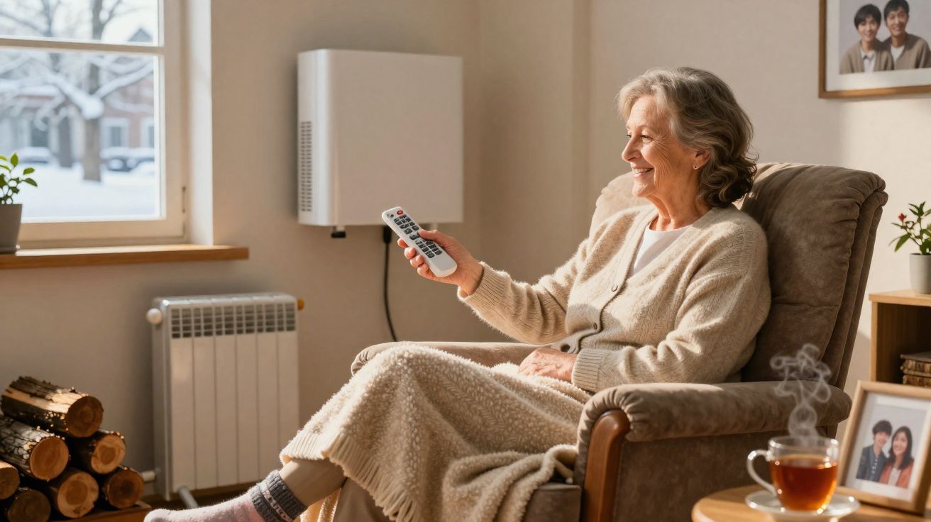 Idosa confortável sentada na poltrona a controlar o aquecimento com comando numa sala iluminada.