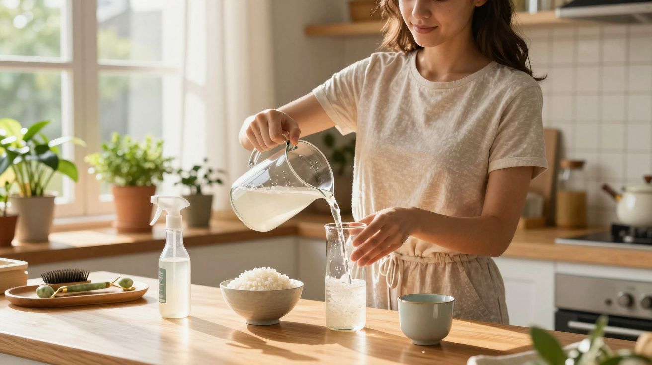 Mulher a verter líquido de um jarro para um copo na cozinha com luz natural e plantas.