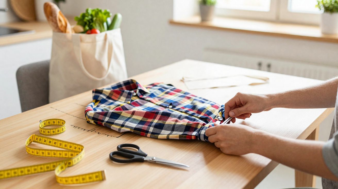 Pessoa ajusta camisa aos padrões de costura numa mesa com fita métrica e tesoura.