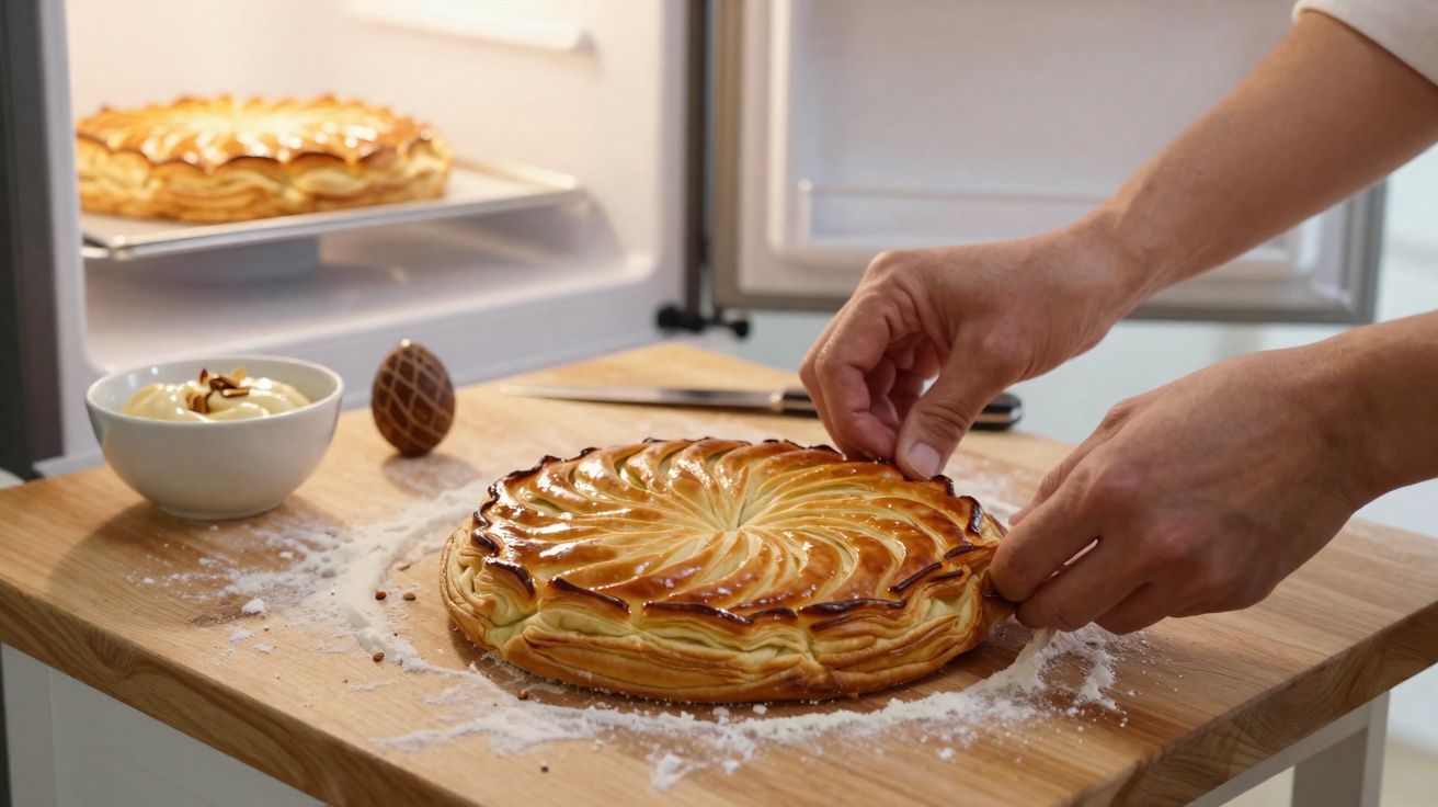 Mãos a tirar da mesa uma tarte dourada com decoração ondulada, com outra igual e creme ao fundo.