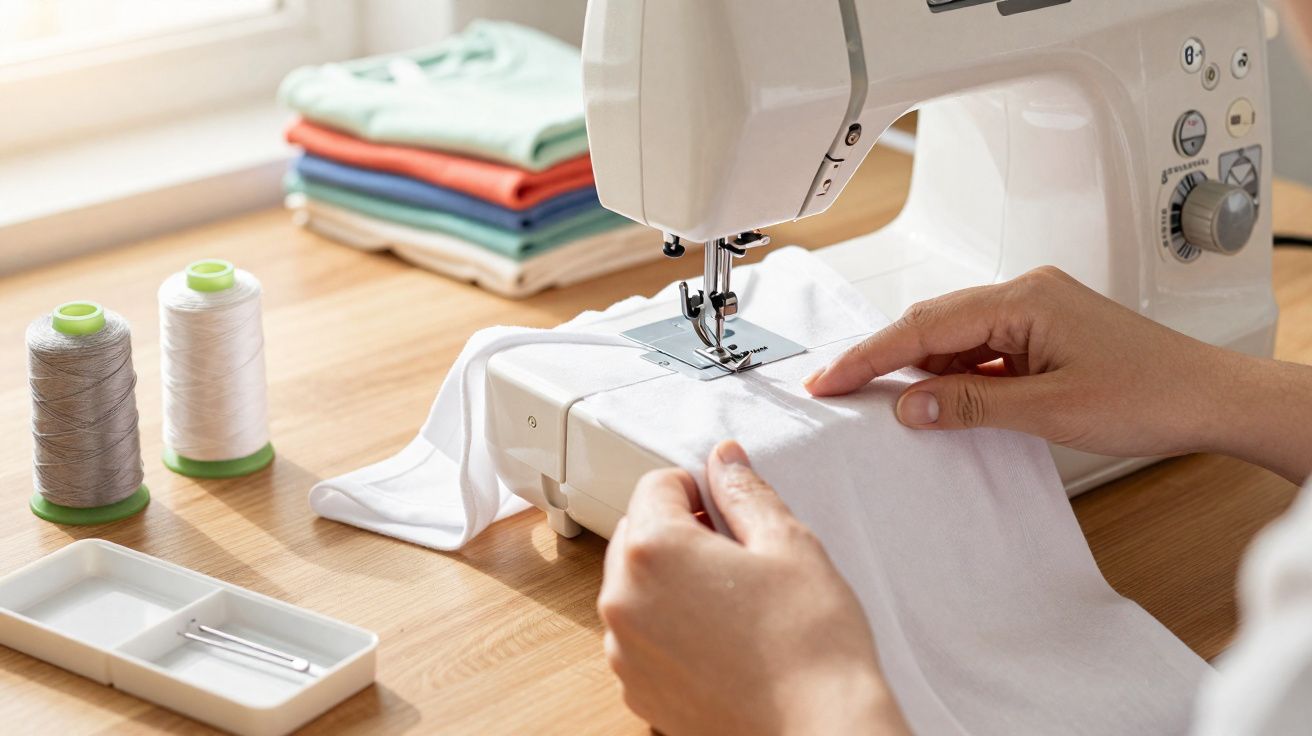 Pessoa a costurar tecido branco numa máquina de costura, com linhas e t-shirts dobradas ao fundo.